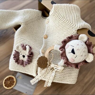 Organic Cotton Natural Gift Baby Cardigan, Super Soft, Lion, 0-6M