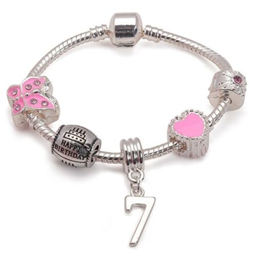 Childrens Pink 'Happy 7th Birthday' Silver Plated Charm Bead Bracelet 17cm