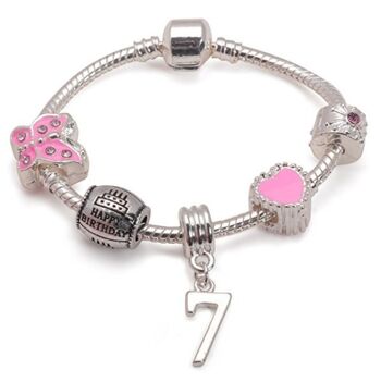 Bracelet de perles plaqué argent 'Happy 7th Birthday' rose pour enfant 17cm