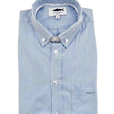 Camicia a righe blu in popeline di cotone 100%.