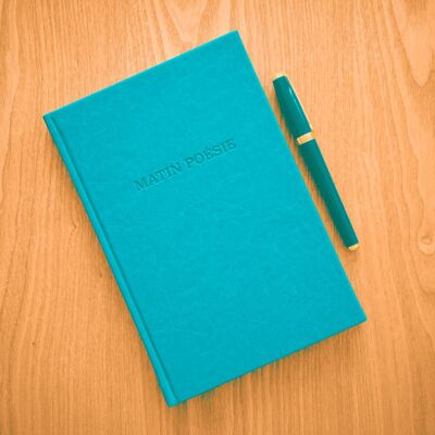 Beautiful A5 notebook - Morning poetry - 192 lined pages - Turquoise imitation leather - Stitched, elastic binding, bookmark