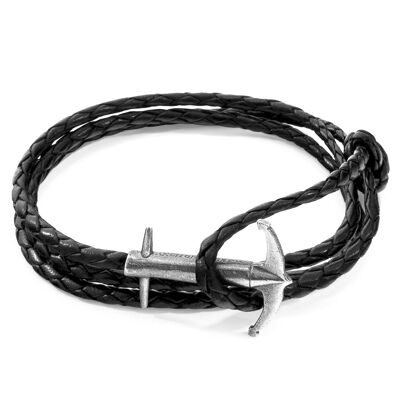 Bracciale in argento e pelle intrecciata con ancora ammiraglio nero carbone