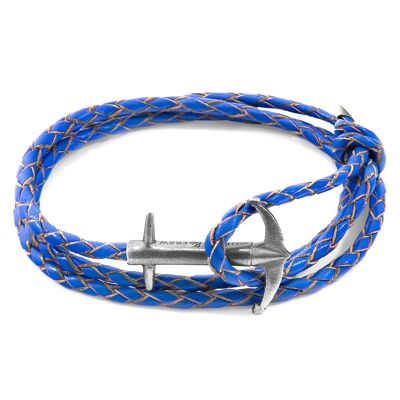 Bracelet ancre amiral bleu royal en argent et cuir tressé