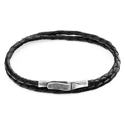 Pulsera de cuero trenzado negro plateado y cuero trenzado