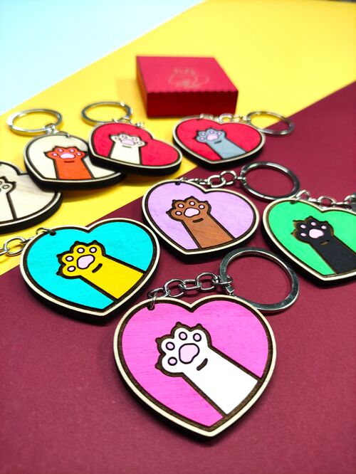 Colorful Wooden Cat Paws Key Chain, Personalized Keyring, Choose Your Colors, Gift for Cat Lovers, Feline Owner