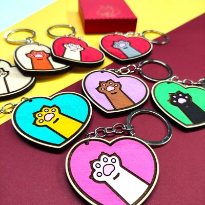 Colorful Wooden Cat Paws Key Chain, Personalized Keyring, Choose Your Colors, Gift for Cat Lovers, Feline Owner