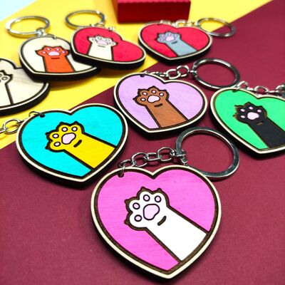 Bunte hölzerne Katzenpfoten-Schlüsselanhänger, personalisierter Schlüsselanhänger, wählen Sie Ihre Farben, Geschenk für Katzenliebhaber, Katzenbesitzer