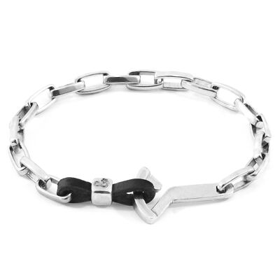 Bracelet ancre frégate noir charbon argent et cuir plat