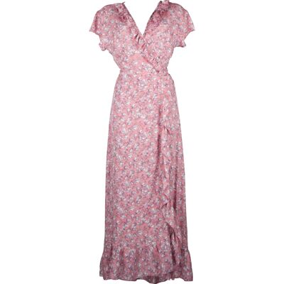 Long wrap dress, pink floral print