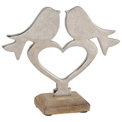 Stand bird on metal heart on mango wood base silver, brown (W / H / D) 19x17x6cm