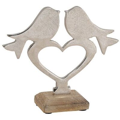 Stand bird on metal heart on mango wood base silver, brown (W / H / D) 19x17x6cm