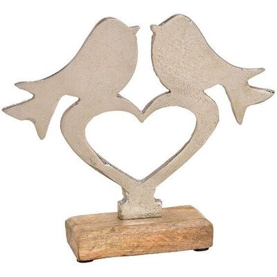 Soporte pájaro sobre corazón de metal sobre base de madera de mango plateado, marrón (An / Al / Pr) 24x21x5cm