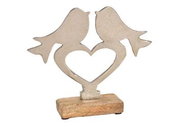 Support oiseau sur coeur en métal sur socle en bois de manguier argent, marron (L / H / P) 24x21x5cm