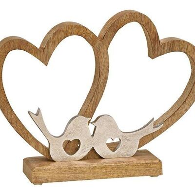 Stand double heart with metal bird made of wood brown (W / H / D) 23x30x6cm