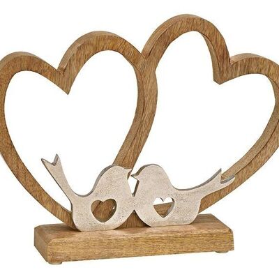 Stand double heart with metal bird made of wood brown (W / H / D) 23x30x6cm