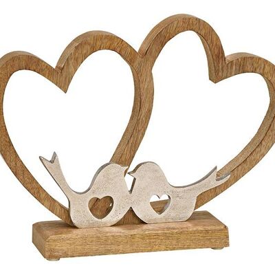 Alzata doppio cuore con uccellino in metallo in legno marrone (L/A/P) 23x30x6cm