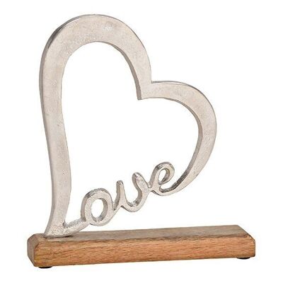 Heart love stand made of metal on a mango wood base silver, brown (W / H / D) 23x25x5cm