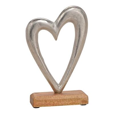 Corazón de metal / madera de mango plateado, marrón (An / Al / Pr) 14x21x5cm