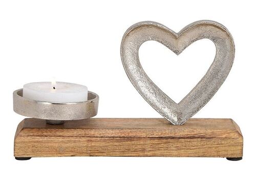 Kerzenhalter Herz aus Metall, Mangoholz Silber (B/H/T) 20x12x8cm