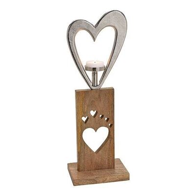 Support coeur avec bougeoir en métal sur support en bois de manguier argent, marron (L / H / P) 20x57x13cm