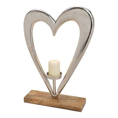 Support coeur avec bougeoir en métal sur socle en manguier, argent, marron (L / H / P) 35x51x10cm