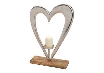 Support coeur avec bougeoir en métal sur socle en manguier, argent, marron (L / H / P) 35x51x10cm