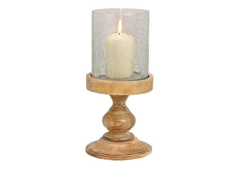 Lanterna crepata in vetro, legno di mango naturale (L / A / P) 13x29x13cm