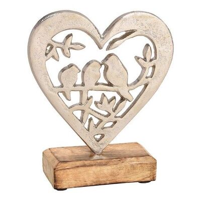 Support oiseau dans un coeur en métal sur une base en bois de manguier argent, marron (L / H / P) 15x17x5cm