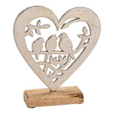 Stand oiseau dans un coeur en métal sur une base en bois de manguier argent, marron (L / H / P) 20x22x5cm