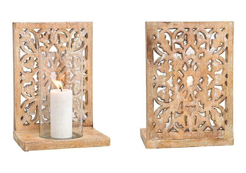 Decorazione floreale lanterna, in legno di mango, vetro naturale (L / A / P) 24x35x17 cm