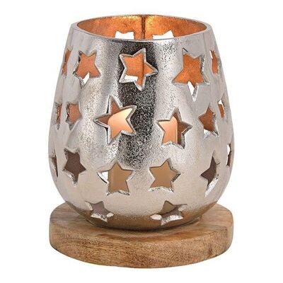 Decorazione stella lanterna in alluminio su base in legno di mango argento (L / A / P) 15x18x15cm