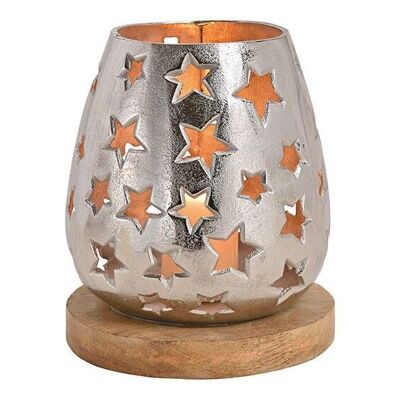 Lanterne décor étoile en aluminium sur socle en bois de manguier argenté (L / H / P) 20x24x20cm