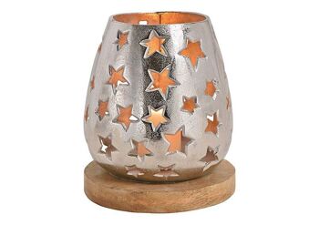 Lanterne décor étoile en aluminium sur socle en bois de manguier argenté (L / H / P) 20x24x20cm