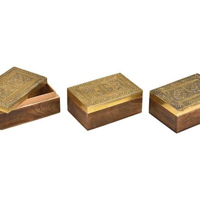 Joyero oriental de madera, metal dorado triple, (An / Al / Pr) 15x6x10cm