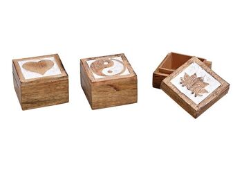 Boîte à bijoux en bois de manguier marron 3 voies, (L / H / P) 7x5x7cm