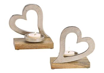 Bougeoir coeur en métal sur bois de manguier argenté (L / H / P) 20x19x10cm