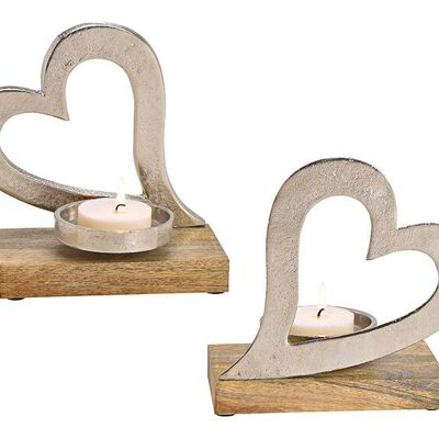 Portacandele cuore in metallo su legno di mango argento (L/A/P) 20x19x10cm