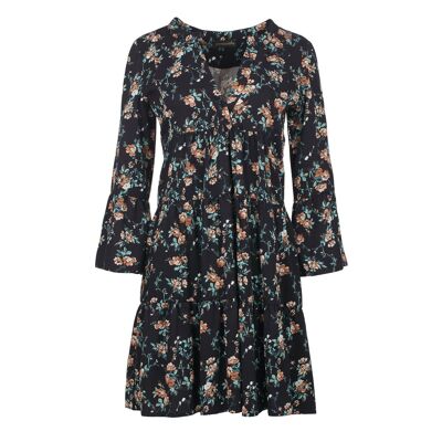 Black Floral A Line Dress with Bell Sleeves