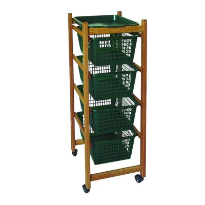 Walnut colored wooden trolley with wheels and 4 green colored baskets