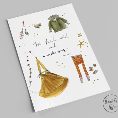 Postcard | This and that about birth | Be cheeky, wild and wonderful (Astrid Lindgren)