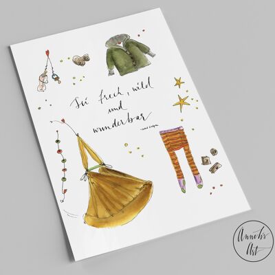 Postkarte | Dies und das zur Geburt | Sei frech, wild und wunderbar (Astrid Lindgren)