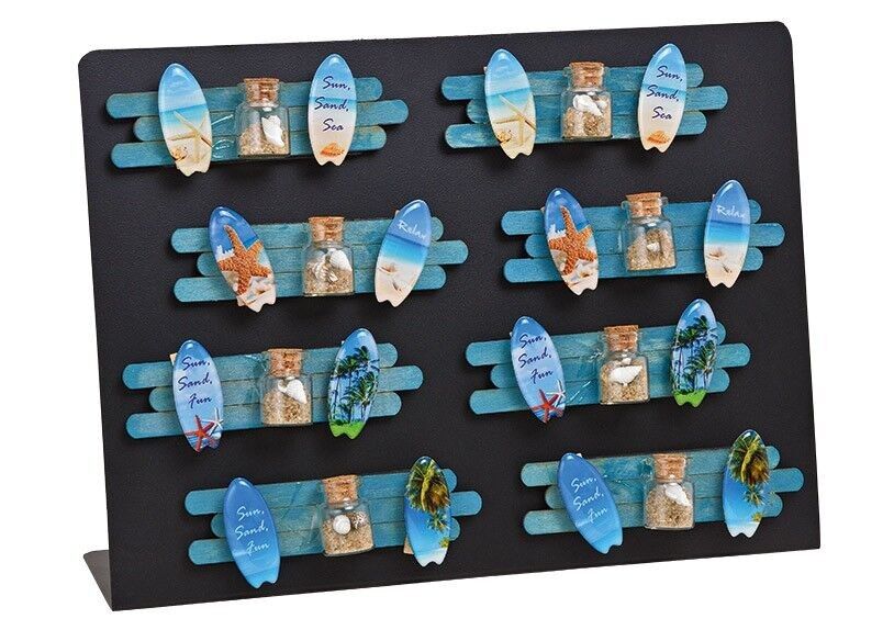 Magnete marittimo con vetro dei desideri, 2x morsetti in legno in legno, plastica, vetro colorato 4 volte, (L / A / P) 12x3x1 cm 16 pezzi su tavola di metallo