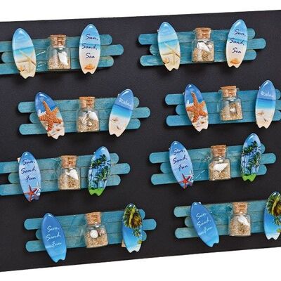 Magnete marittimo con vetro dei desideri, 2x morsetti in legno in legno, plastica, vetro colorato 4 volte, (L / A / P) 12x3x1 cm 16 pezzi su tavola di metallo
