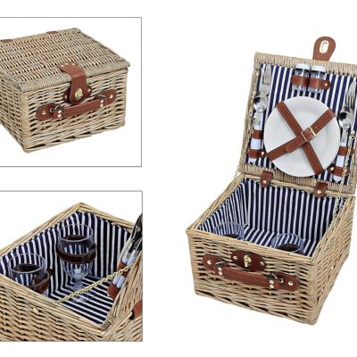 Picnic basket for 2 people made of willow, 14 parts, W28 x D28 x H18 cm