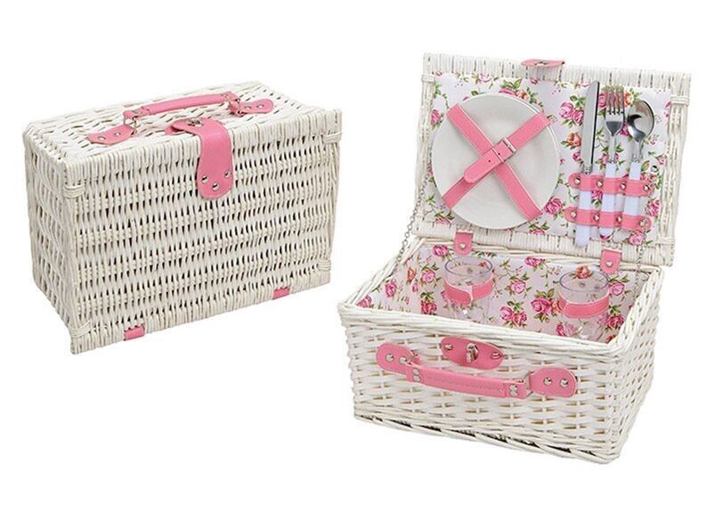 Cesta de picnic para 2 personas hecha de sauce, decoración de rosas, 11 piezas, (An / Al / Pr) 36x18x25 cm