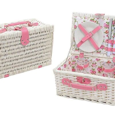 Picnic basket for 2 people made of willow, rose decor, 11 parts, (W / H / D) 36x18x25 cm