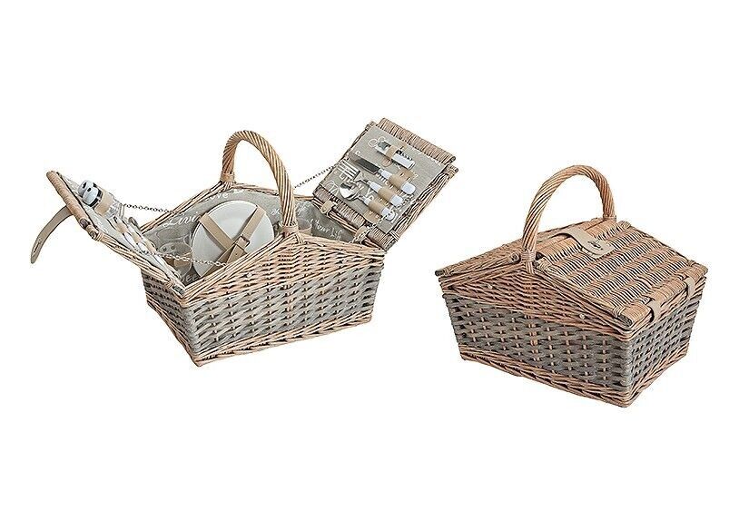 Cesta de picnic para 2 personas hecha de sauce, 14 piezas, 40 x 27 x 35 cm.