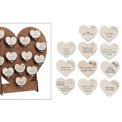 Heart display with hearts, made of wood, 14 assorted, W47 x D24 x H46 cm / W8 x H8 cm