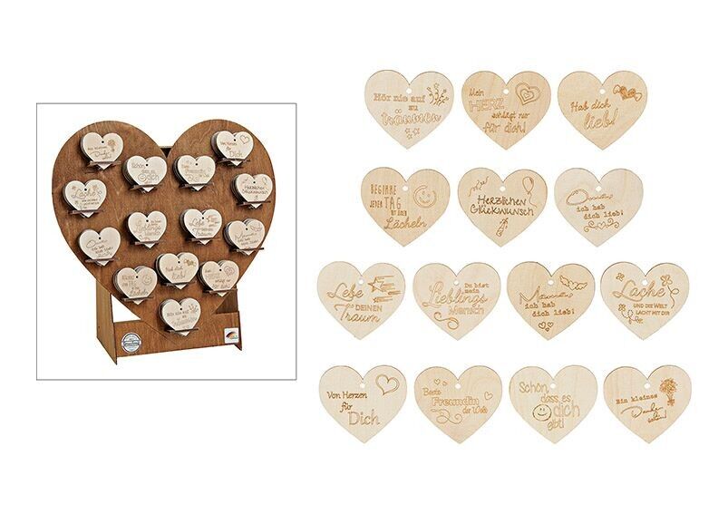 Espositore a forma di cuore con cuori, moderno in legno naturale, 14 volte, (L/A) 8x8 cm