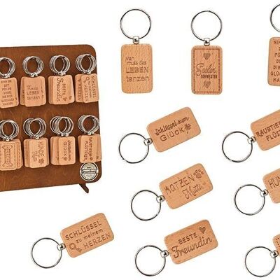 Porte-clés 3,5x5,5cm en bois naturel 10 fois, 50 pcs. sur présentoir en bois (L / H) 27x27cm